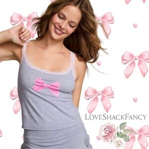 NWT PINK x LoveShackFancy Grey Cotton Cami Pink Bow Sz M